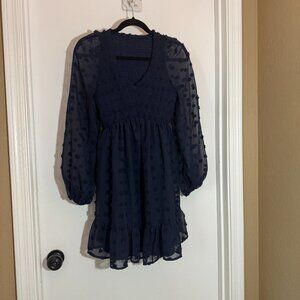 Navy Blue Swiss Dot Smocked Babydoll Dress